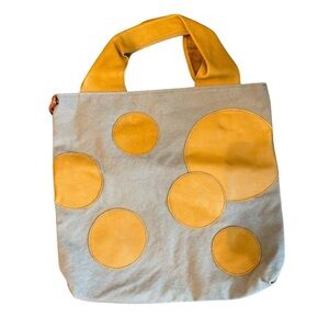 Yellow Polka Dot Leather and Canvas Tote Bag